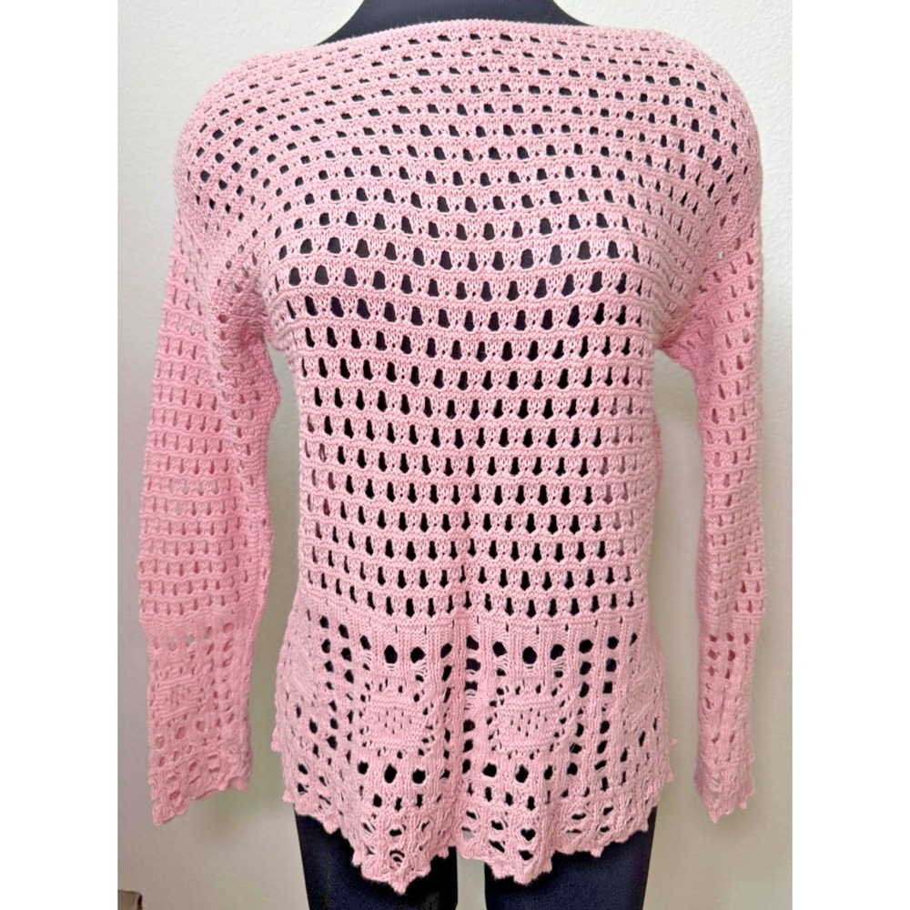 Jeanne Pierre Open Knit‎ Crochet Pullover Medium Pink Long Sleeves Coverup